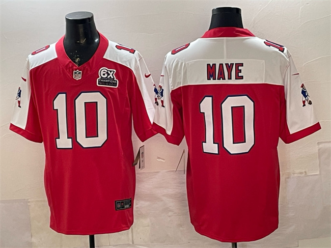 Men's New England Patriots #10 Drake Maye Red Alternate F.U.S.E. With 6x Super Bowl Champions Patch Throwback Vapor Limited Stitched Football Jersey Men's New England Patriots #10 Drake Maye Red Alternate F.U.S.E. With 6x Super Bowl Champions Patch Throwback Vapor Limited Stitched Football Jersey